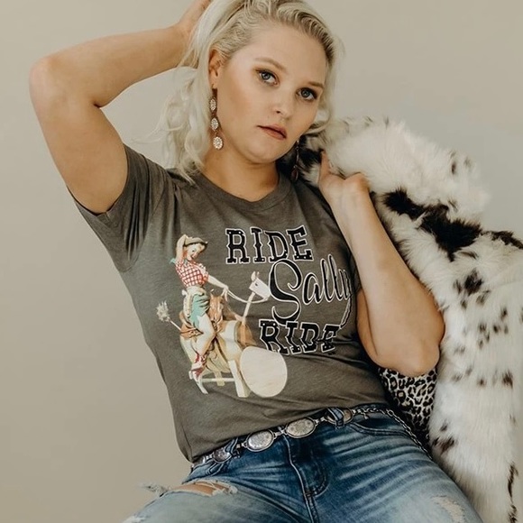 Whiskey Kiss Tops - RIDE SALLY RIDE Western Graphic Tee